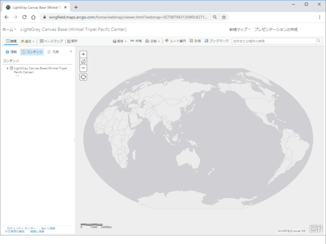 マップ ビューザー上にヴィンケル図法（第3図法）で表示