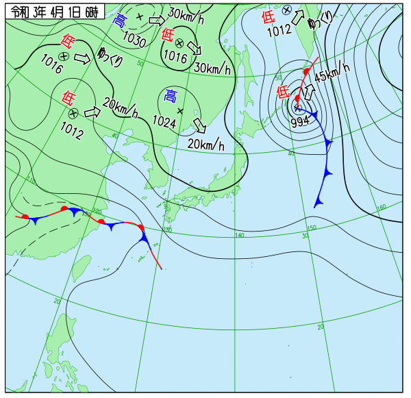 気象庁の天気図（2021年4月1日）